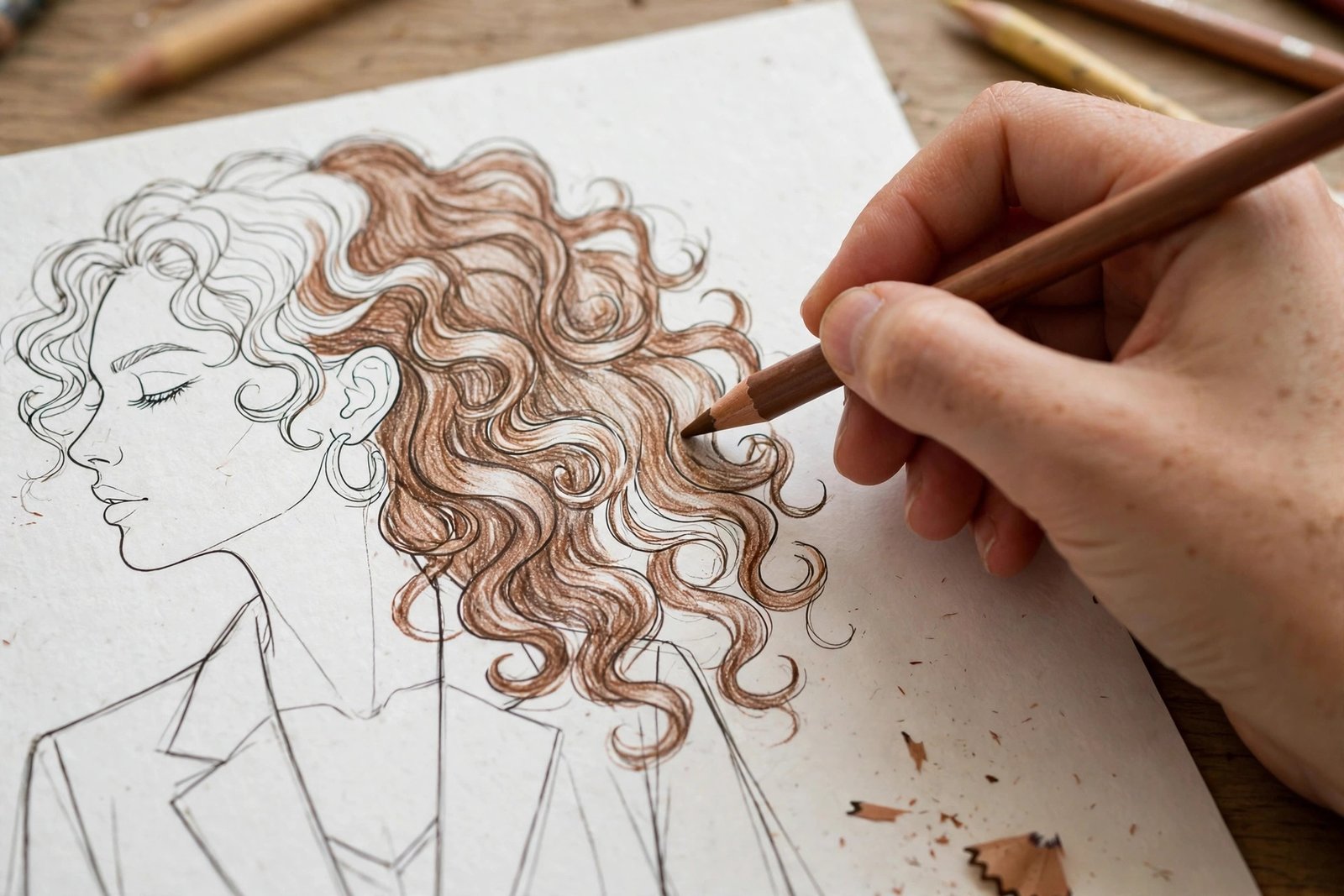 Close-up of a hand coloring curly hair on a fashion illustration with a brown colored pencil