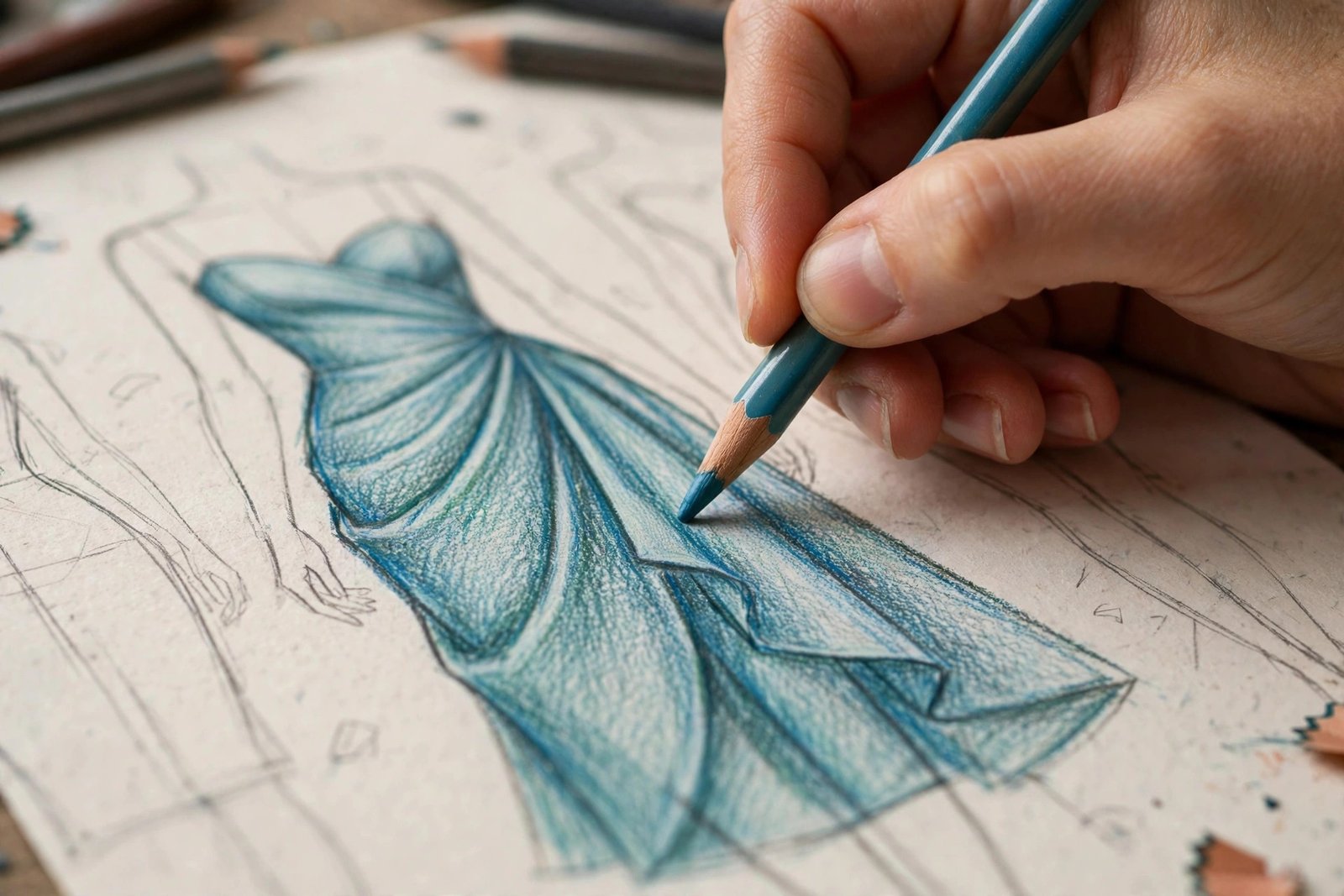 Close-up of a hand coloring a fashion dress with a teal colored pencil showing layered fabric shading