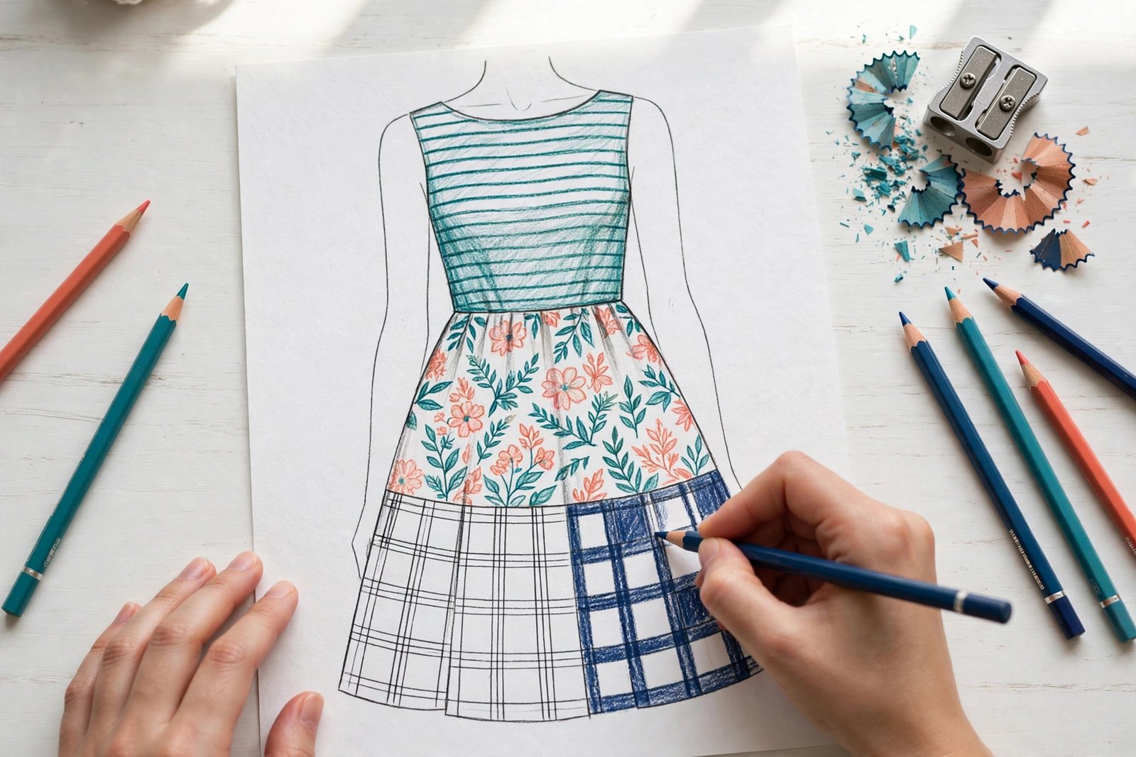 Fashion illustration dress with striped bodice, floral skirt, and plaid hem being colored with colored pencils