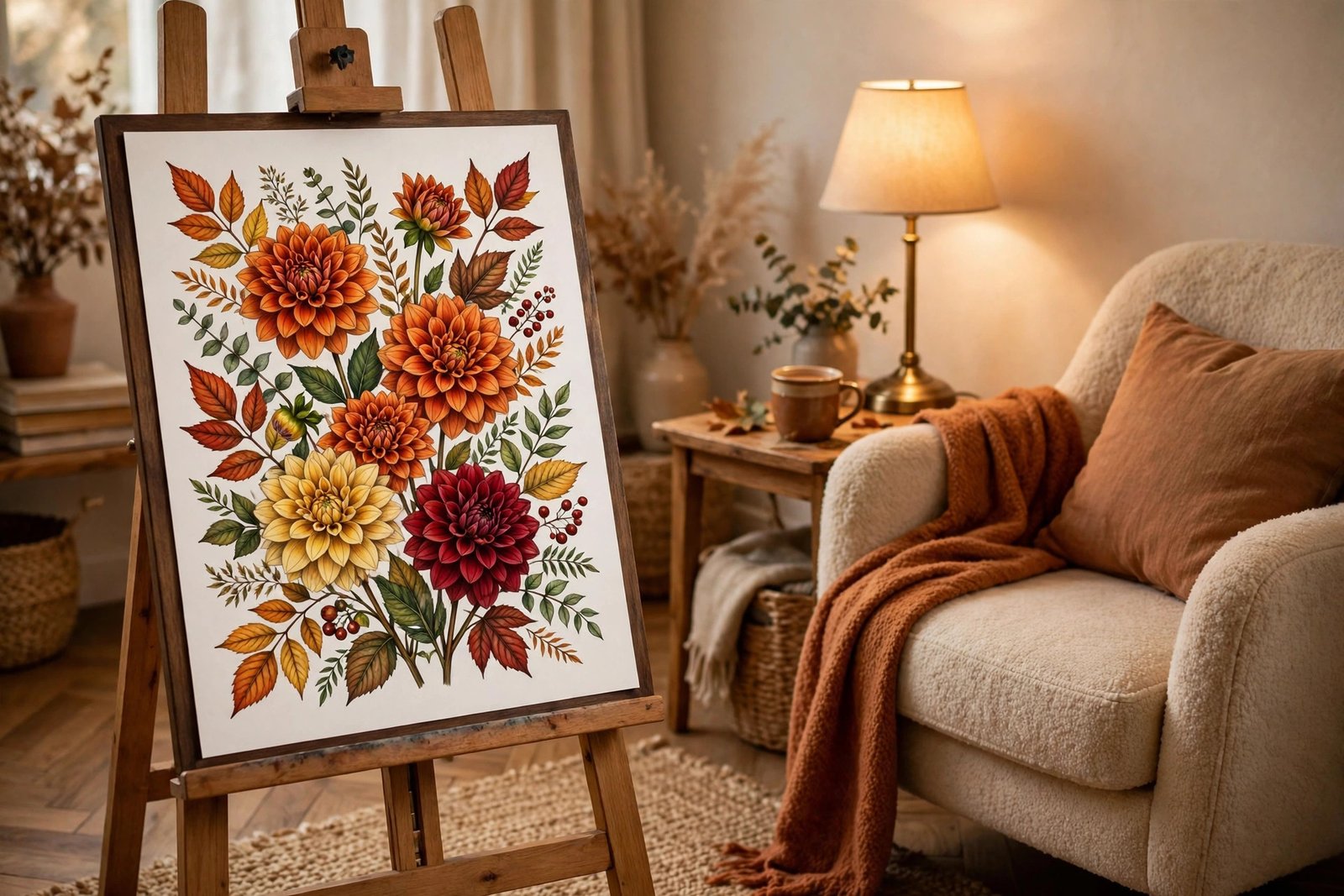 Finished botanical coloring page of dahlias with professional blending and shading