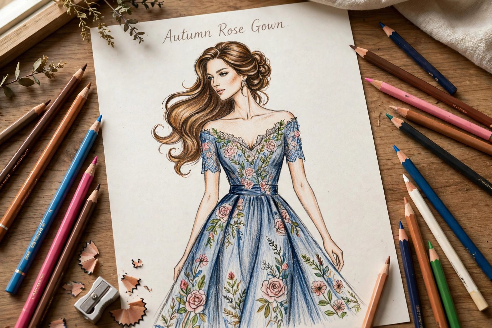 Finished fashion illustration page with beautifully colored styled brown hair and an elegant floral dress