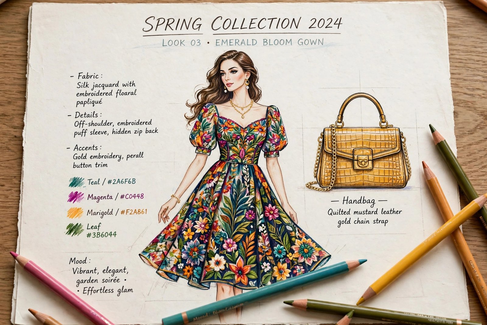 Finished fashion illustration page colored with pencils showing a floral dress and handbag