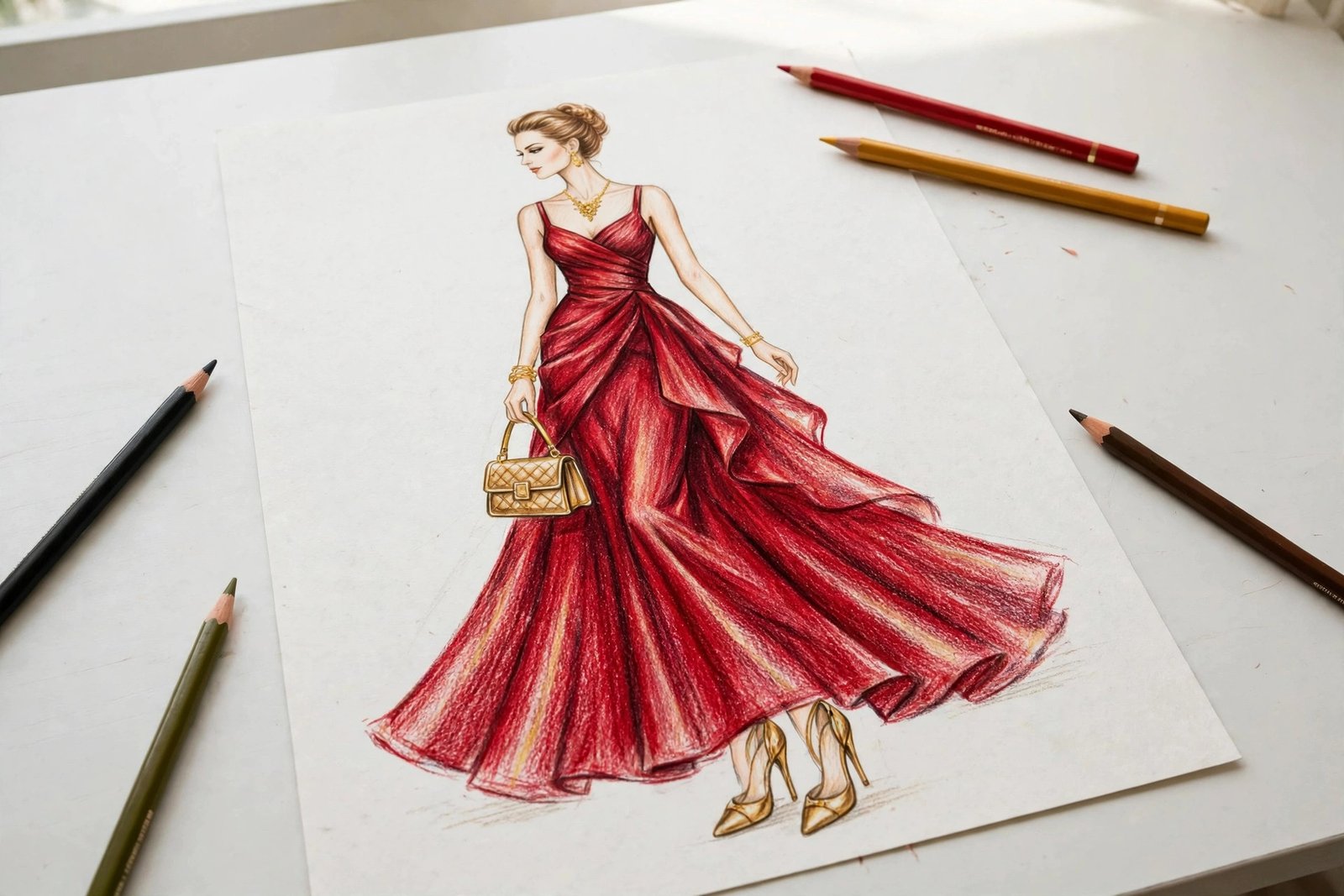 Finished fashion illustration coloring page of a woman in a red evening gown with gold accessories