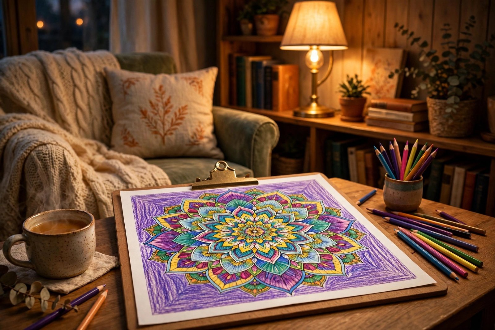 Finished colorful mandala page in a cozy evening reading nook for mandala coloring for stress relief