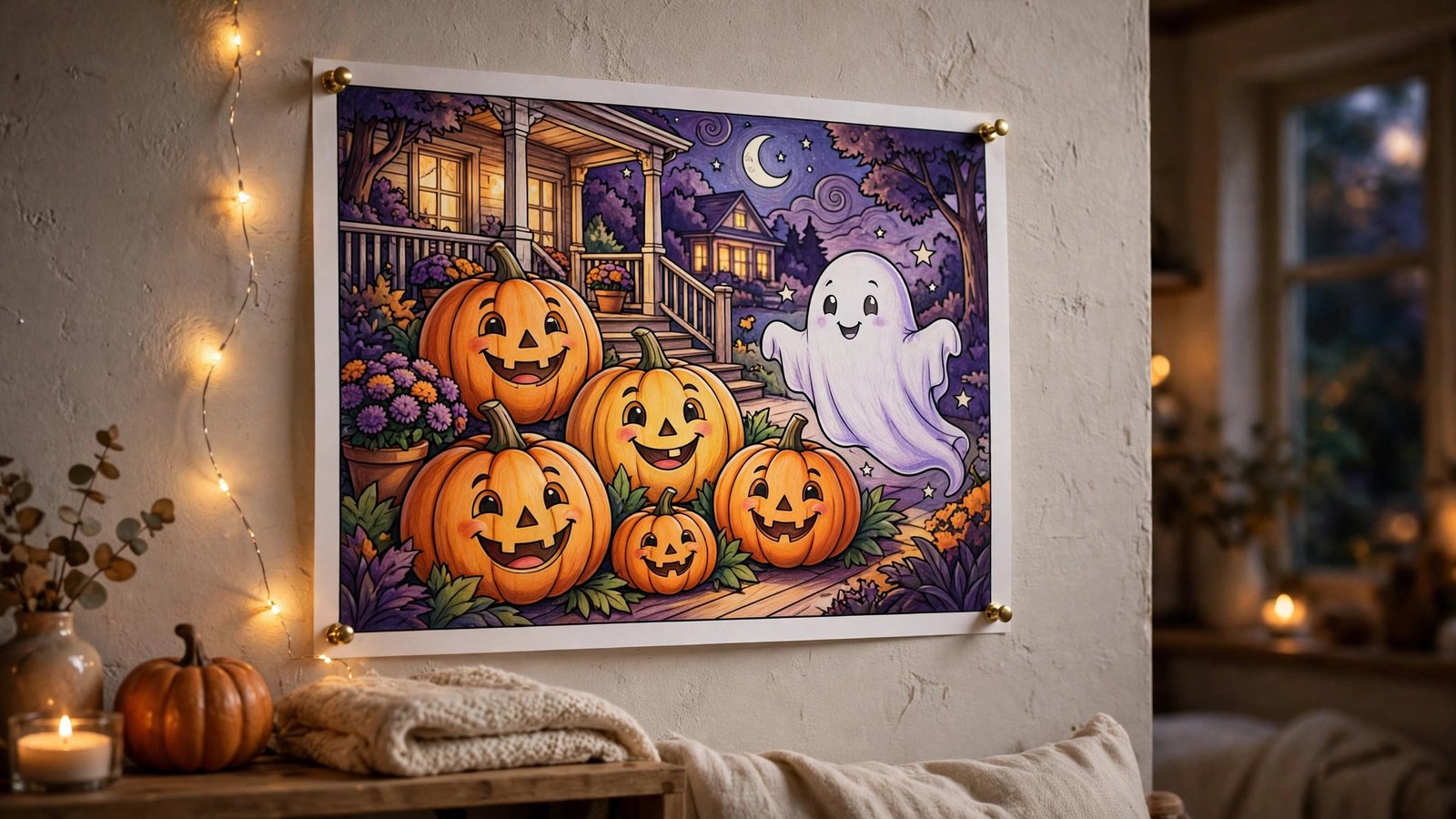 A fully colored cozy Halloween page displayed as seasonal wall decor