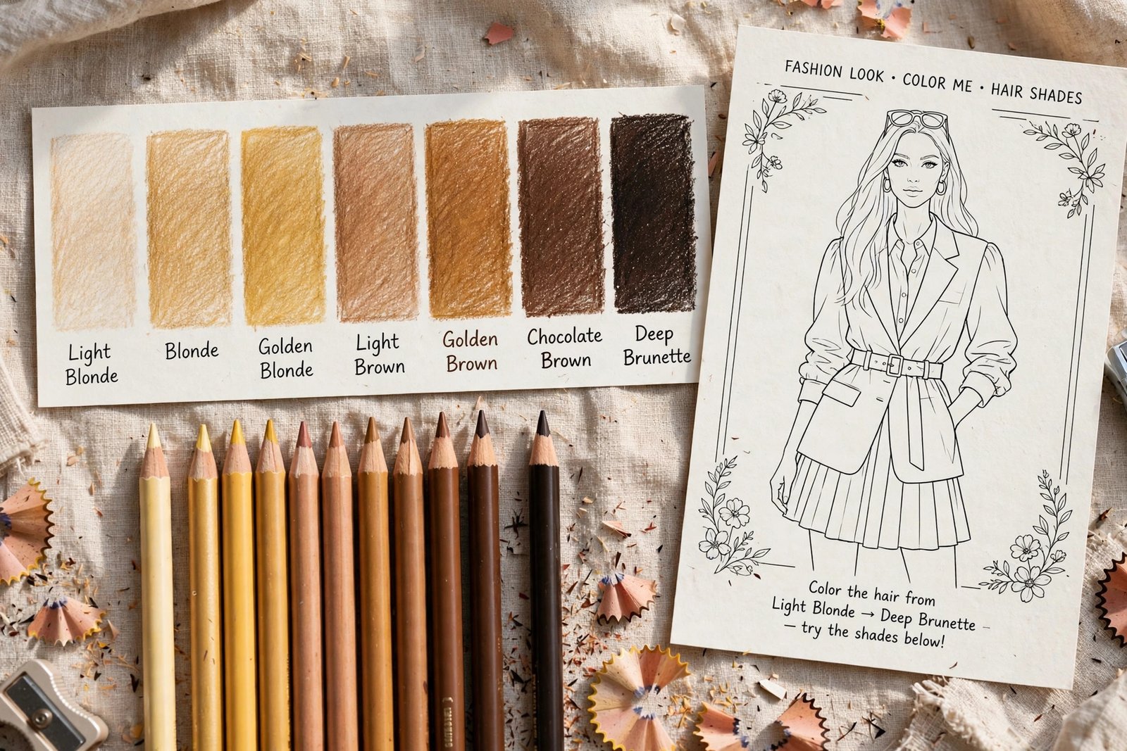 Colored pencil hair shade swatches from light blonde to deep brunette beside a fashion illustration page