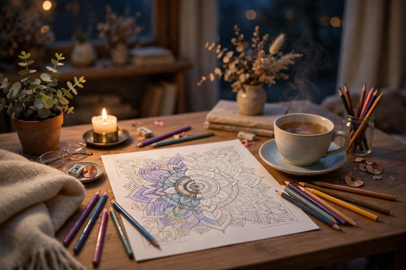 Quiet evening coloring desk with a mandala page, a cup of tea, and soft light for mandala coloring for stress relief