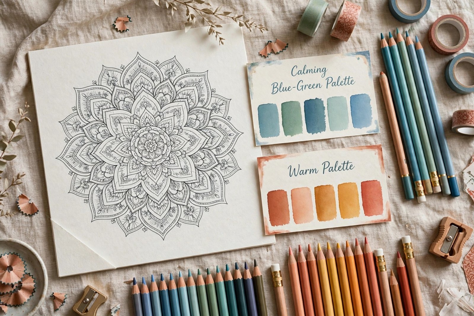 Mandala page with calming blue green and warm color palette swatches and colored pencils for mandala coloring for stress relief