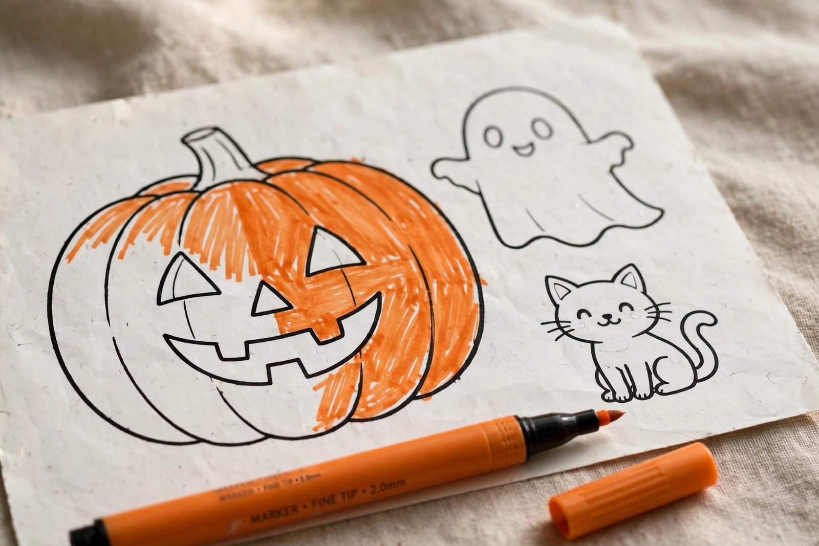 Close-up of a partially colored cozy Halloween page with pumpkins and a friendly ghost