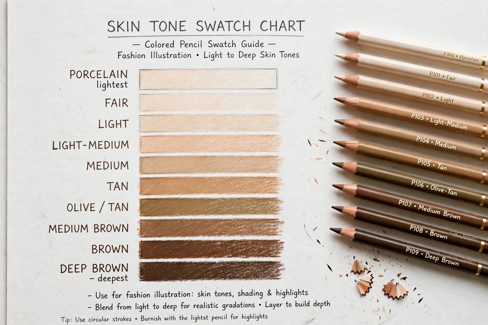 Colored pencil skin tone swatch chart from light to deep for fashion illustration coloring