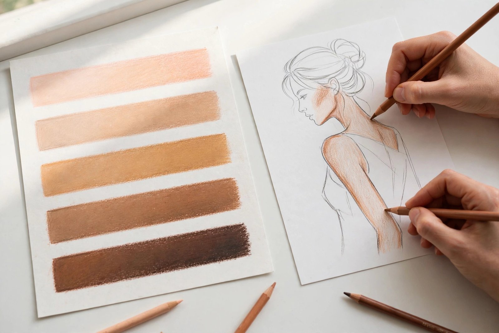 Colored pencil skin tone swatches from light to deep beside a fashion illustration being colored