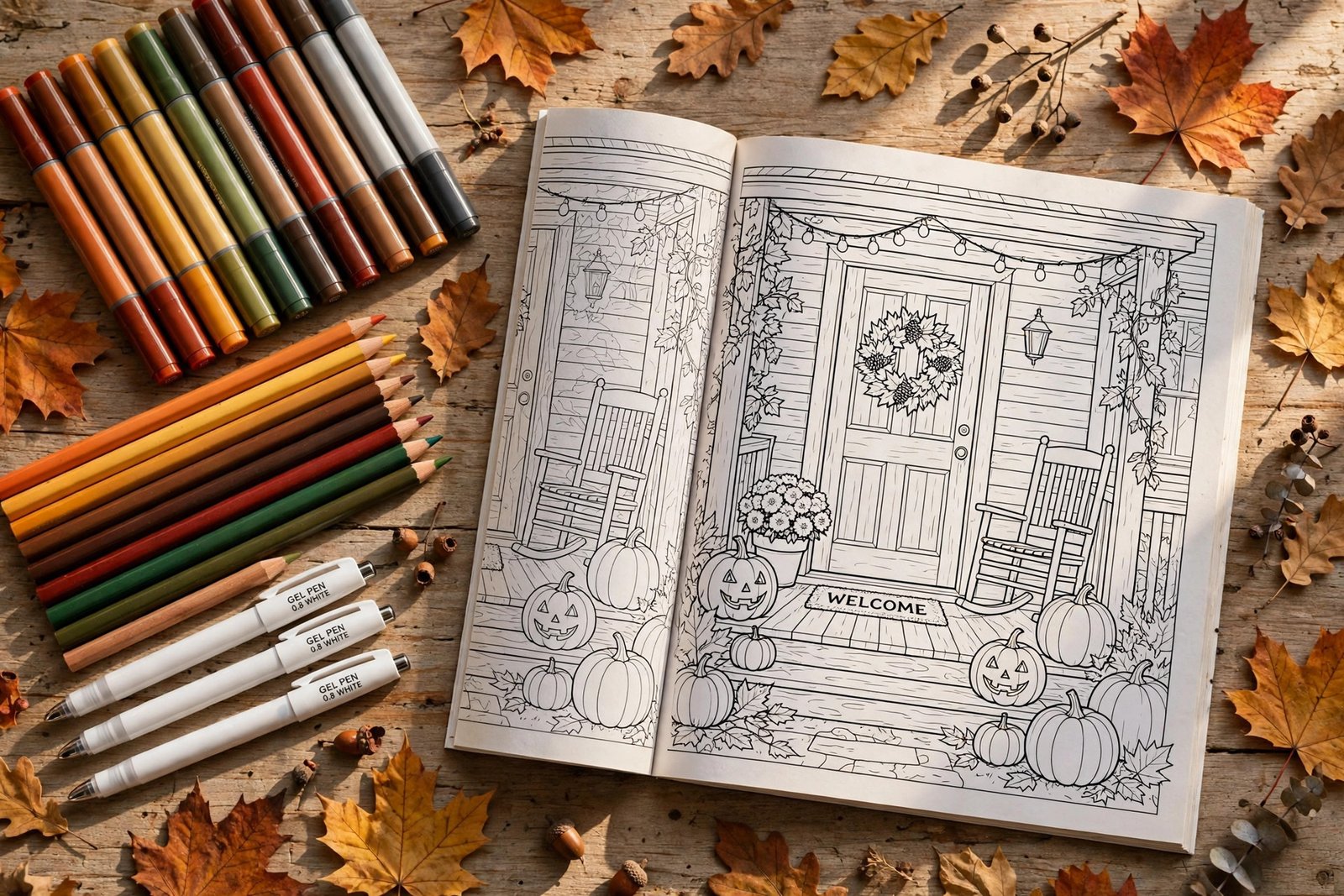 Flat lay of markers, colored pencils, and gel pens beside an open Halloween coloring book