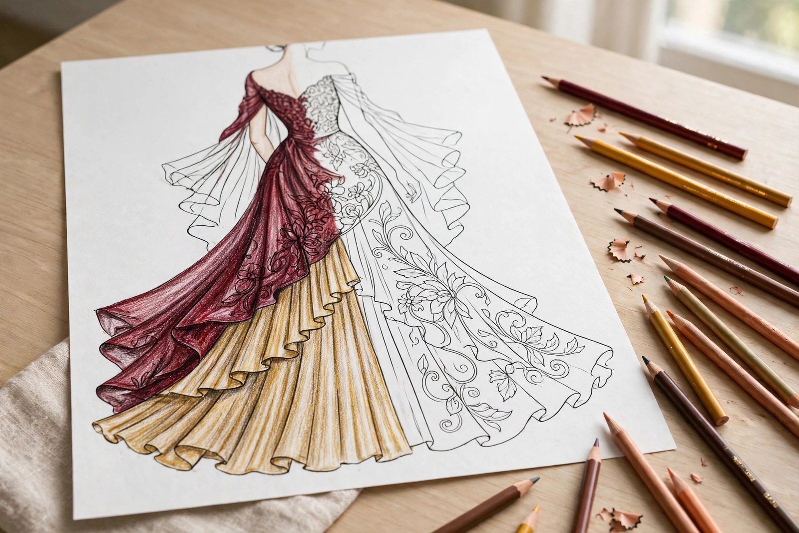Fashion illustration coloring page with a burgundy and gold evening gown half colored with colored pencils