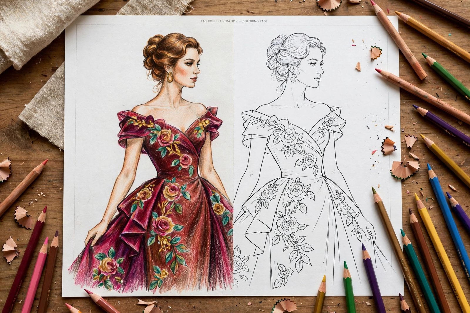 Fashion illustration coloring page half colored with colored pencils