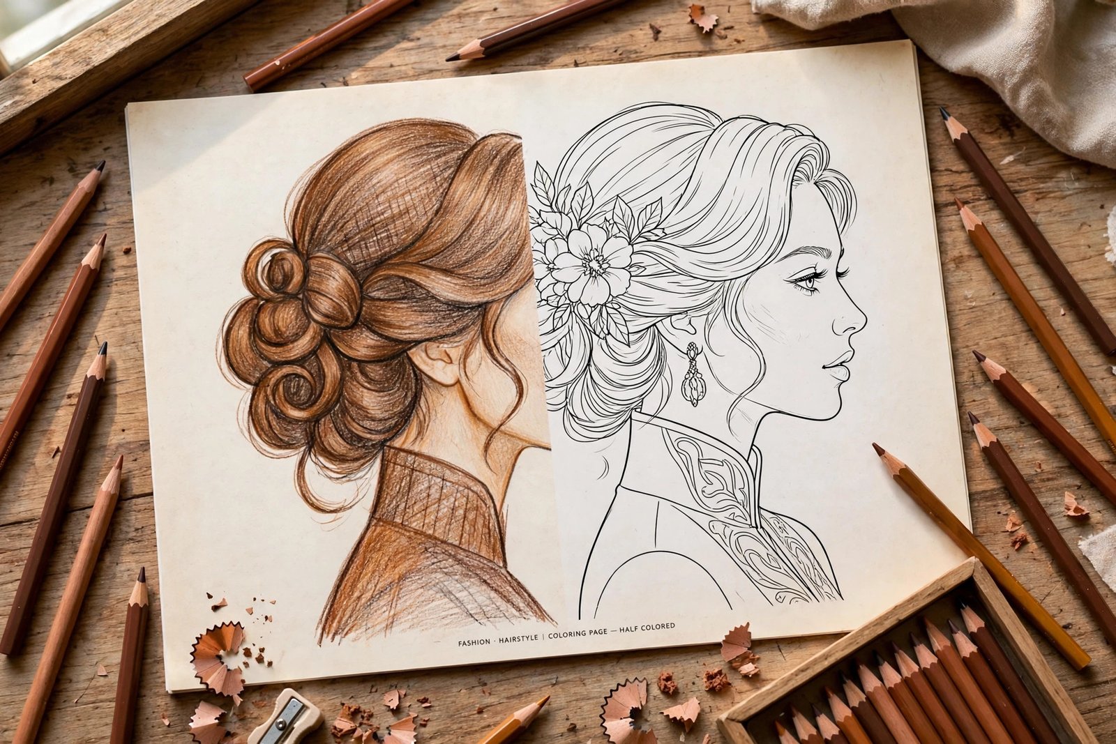 Half-colored fashion illustration page showing realistic brown hair coloring with colored pencils nearby