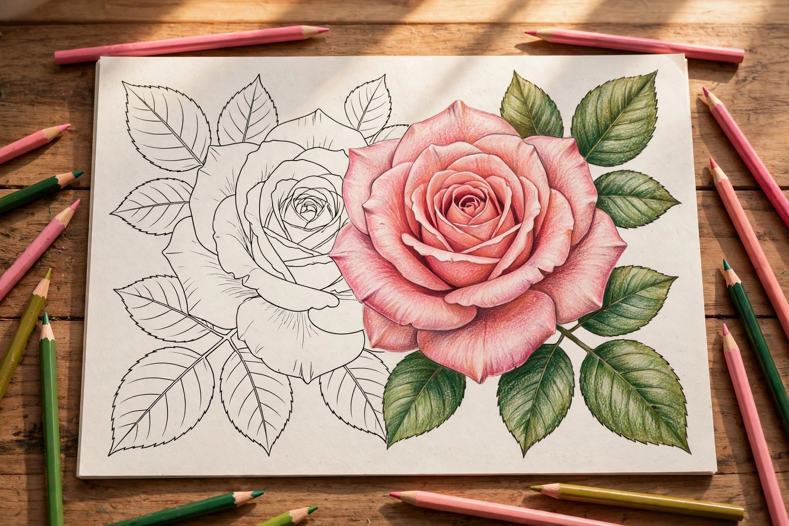 Adult flower coloring page of a rose half colored with blended colored pencils on a wooden table