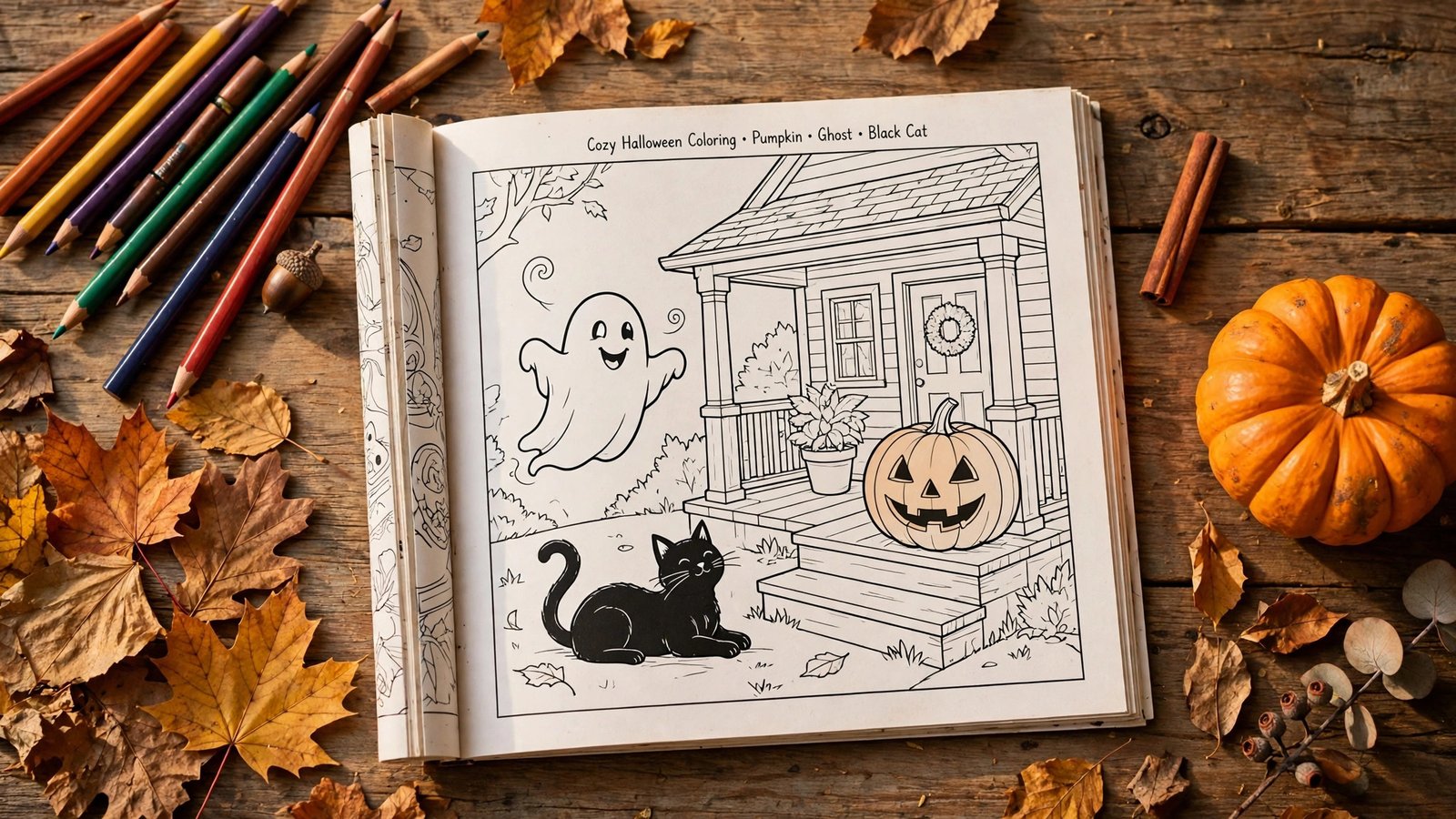 post2-featured-halloween-flatlay Cozy Halloween coloring page flat lay with colored pencils and a pumpkin scene
