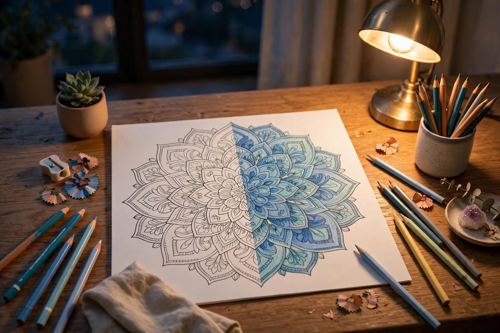 post2-featured-mandala-stress-relief Half-colored mandala page with colored pencils on a calm desk for mandala coloring for stress relief