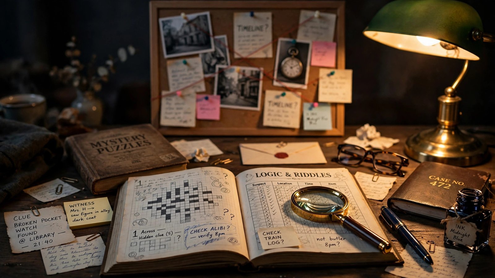 Detective desk styled shot with puzzle books, a magnifying glass, and case notes