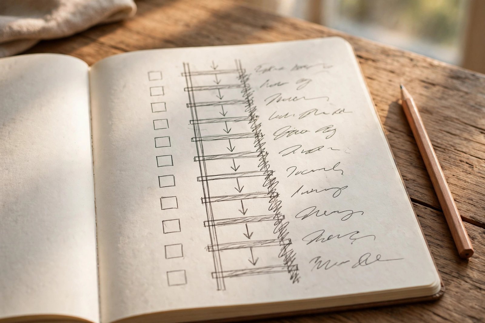 Notebook showing a hand-drawn hint ladder with step-by-step solving notes for murder mystery puzzle books