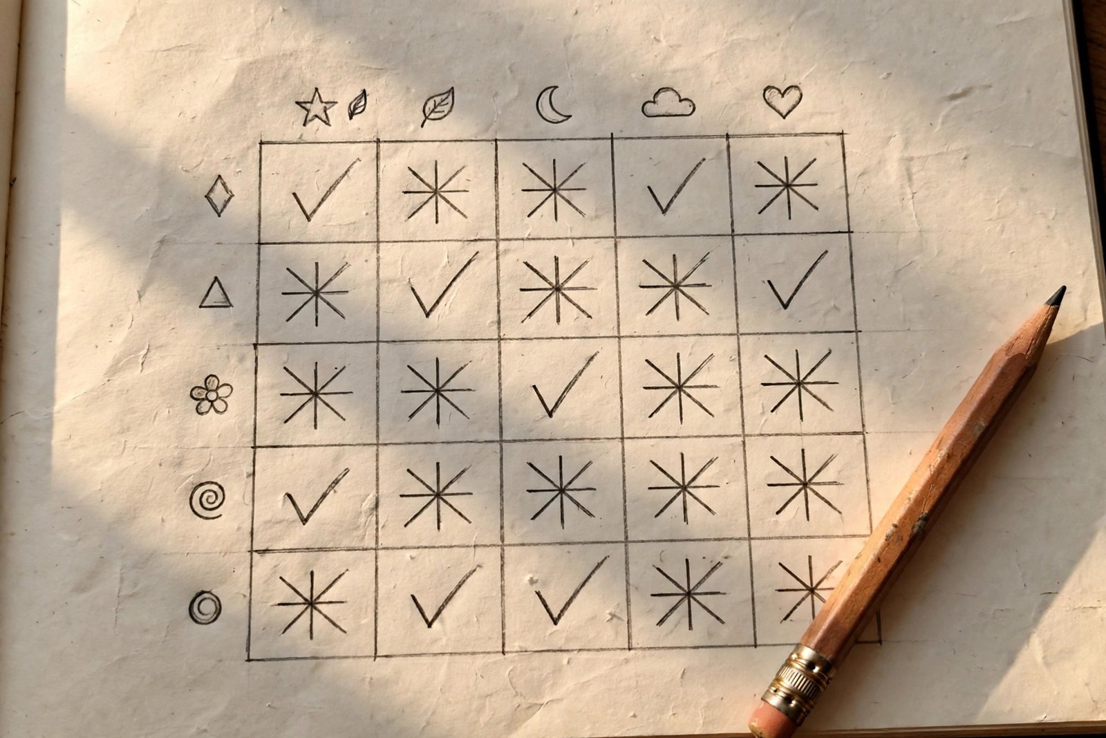 Hand-drawn logic grid puzzle in a notebook with checkmarks and crosses for solving a murder mystery puzzle