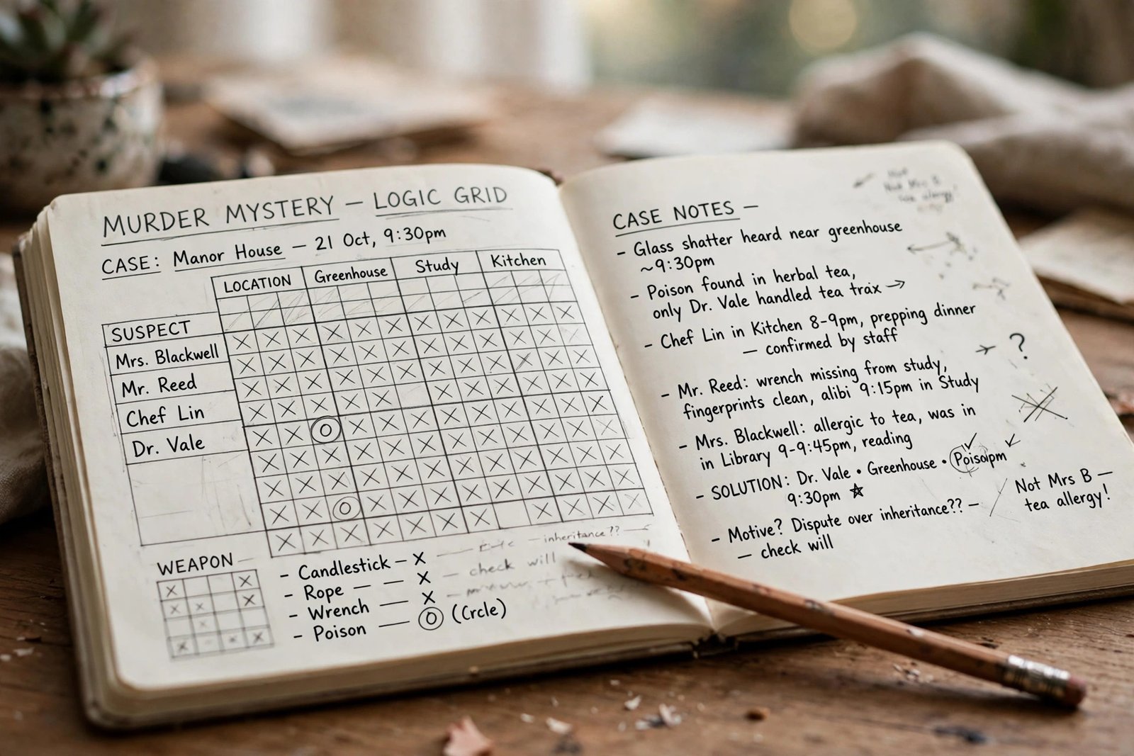 Close-up of a murder mystery logic grid puzzle page with handwritten notes