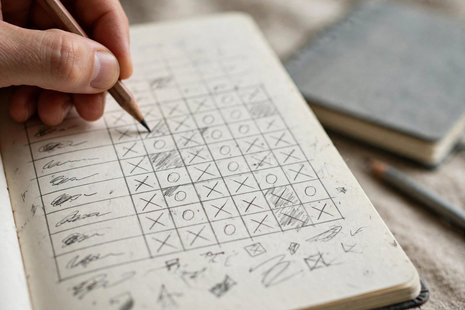 Hand-filled logic grid puzzle page with X and O marks in a murder mystery puzzle book