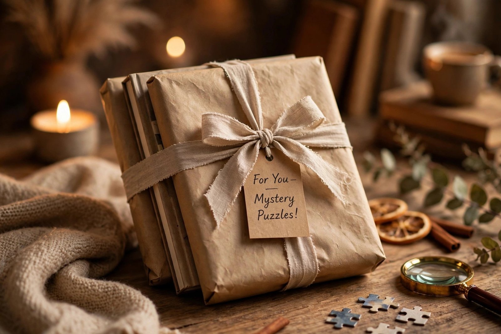 Mystery puzzle books wrapped as a gift with ribbon for puzzle book lovers