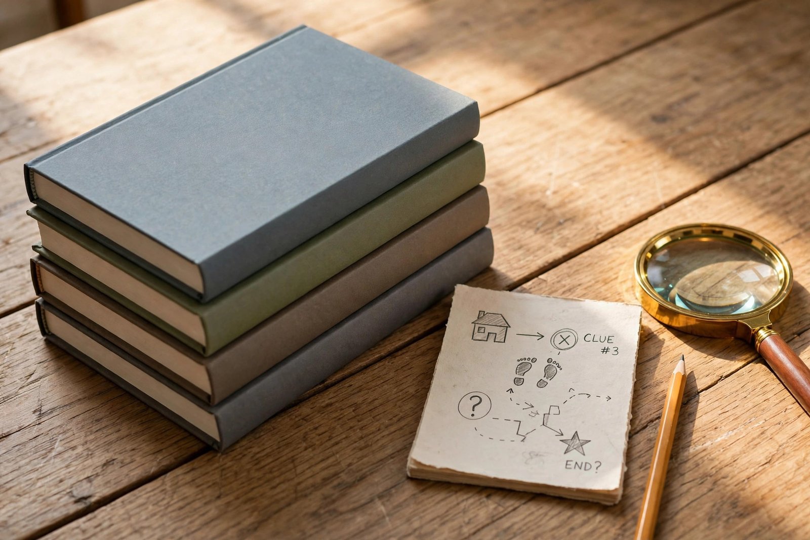 Stack of mystery puzzle books with a magnifying glass and a hand-drawn clue note on a wooden table