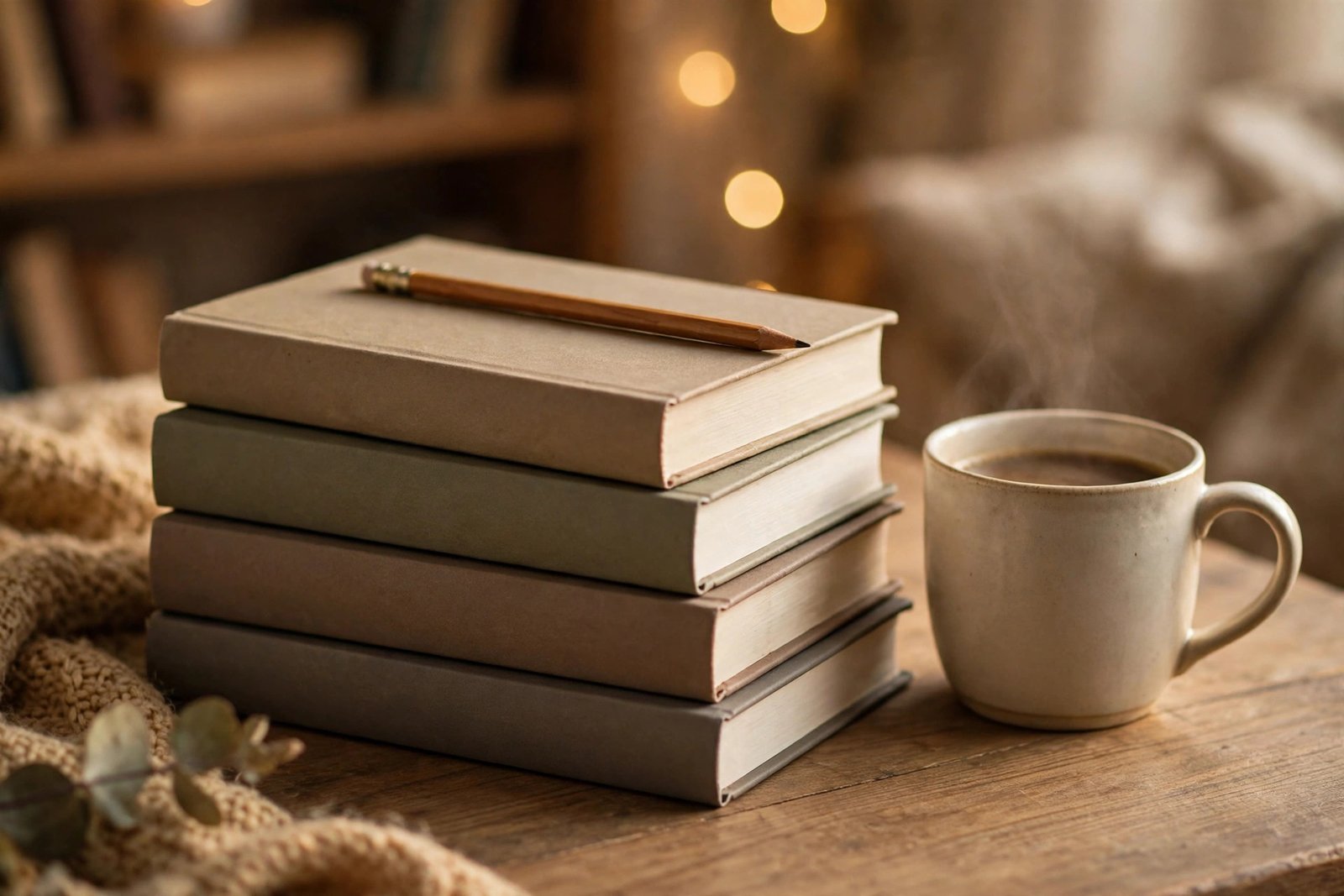 Stack of mystery puzzle books with a pencil and coffee for spoiler-free hint-based solving