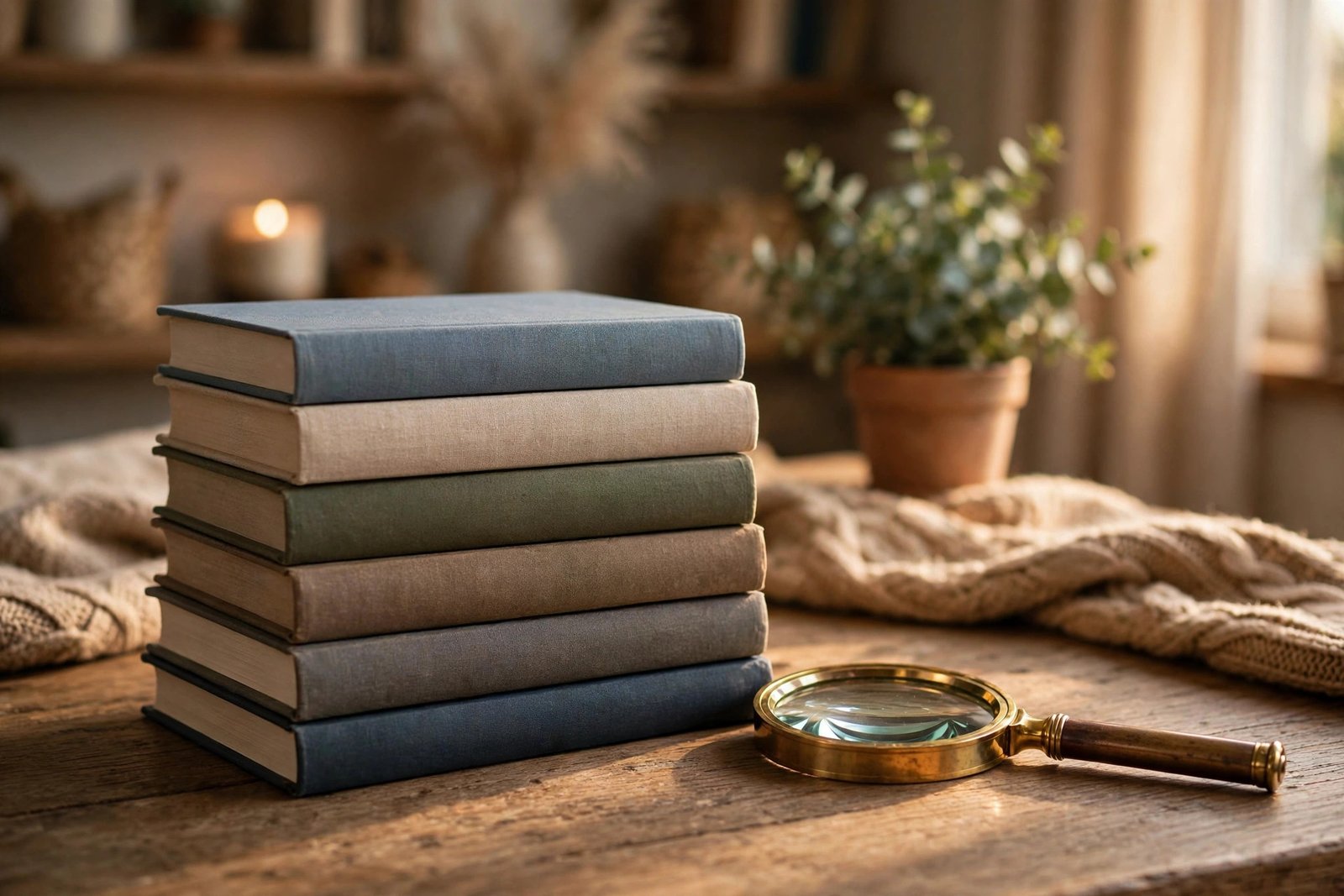 Stack of mystery puzzle books with a magnifying glass on a wooden table