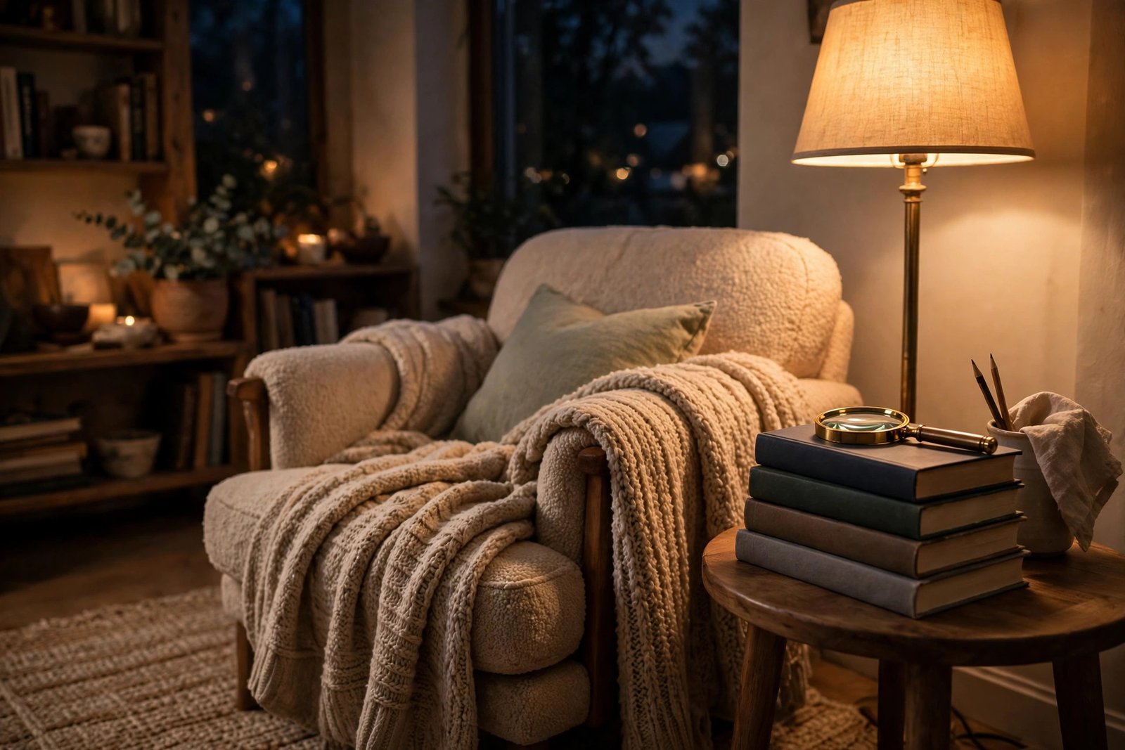 Cozy reading nook with murder mystery puzzle books and magnifying glass for evening solving