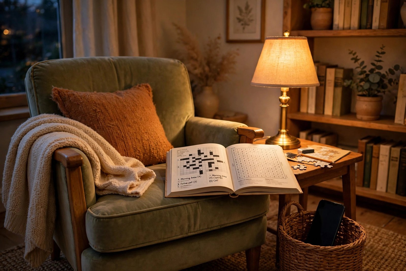 Cozy screen-free evening reading nook with armchair, lamp, puzzle book, and phone put away in a basket
