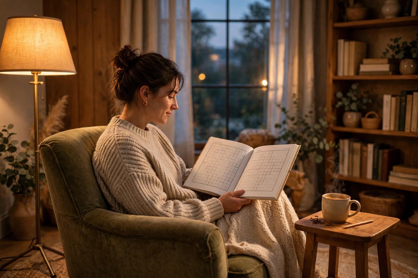 Cozy evening reading nook with an armchair, a lamp, and an open puzzle book for spoiler-free mystery solving