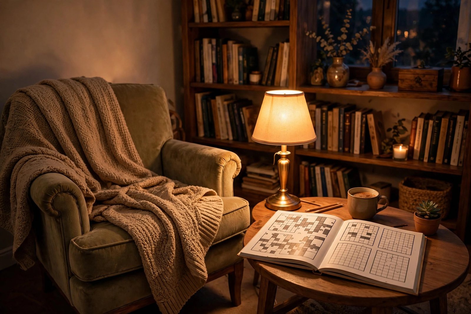 Cozy evening reading nook with an armchair, a lamp, and an open puzzle book on a side table