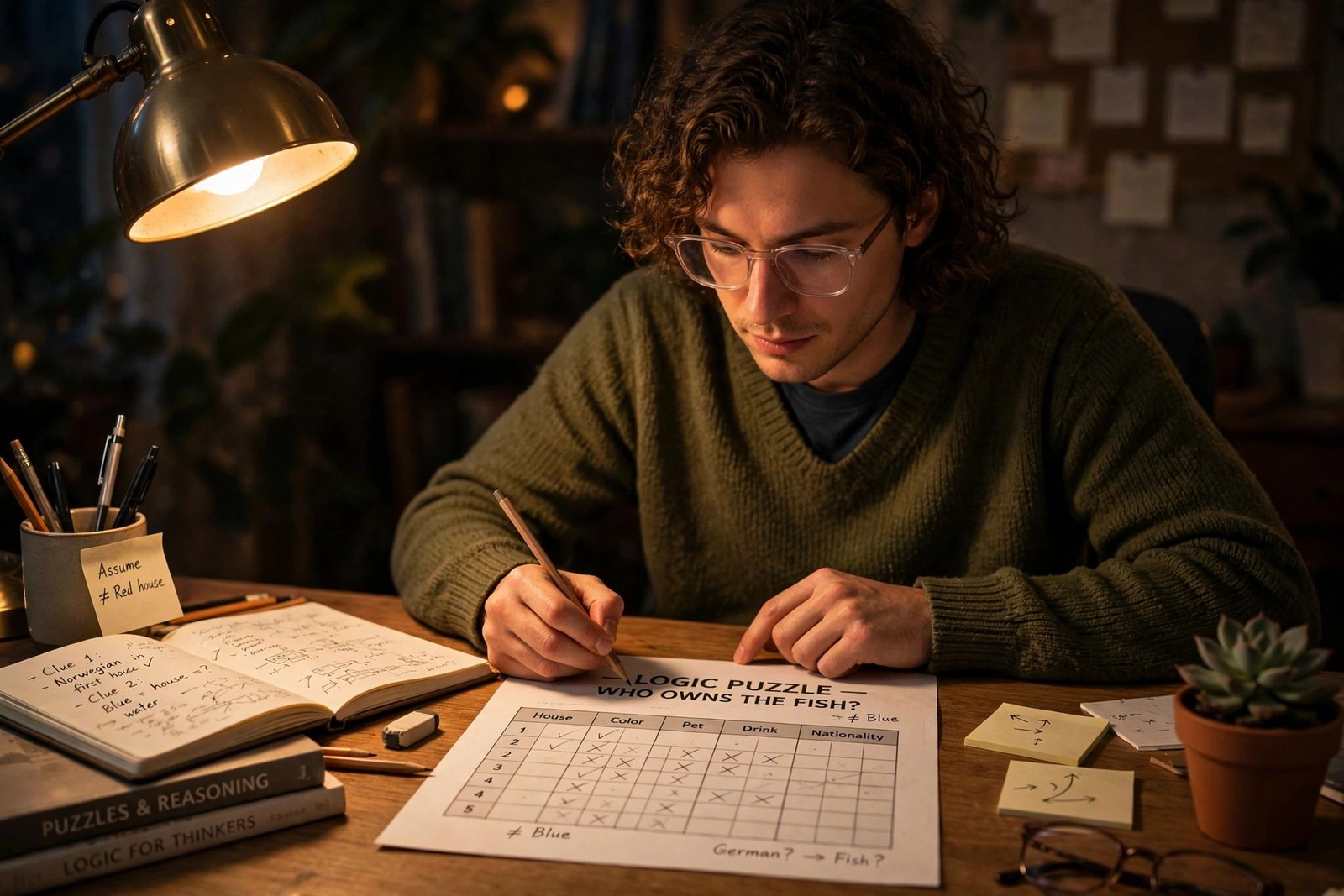 Person solving a logic puzzle at a desk with focus, notebook and pencil