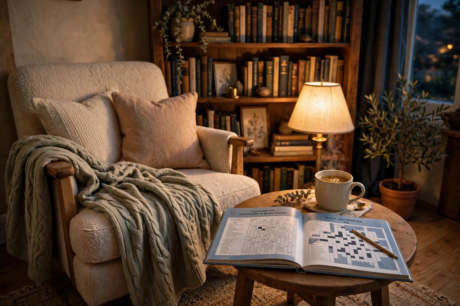 Cozy reading nook with armchair, blanket, lamp, and open puzzle book for evening word search solving
