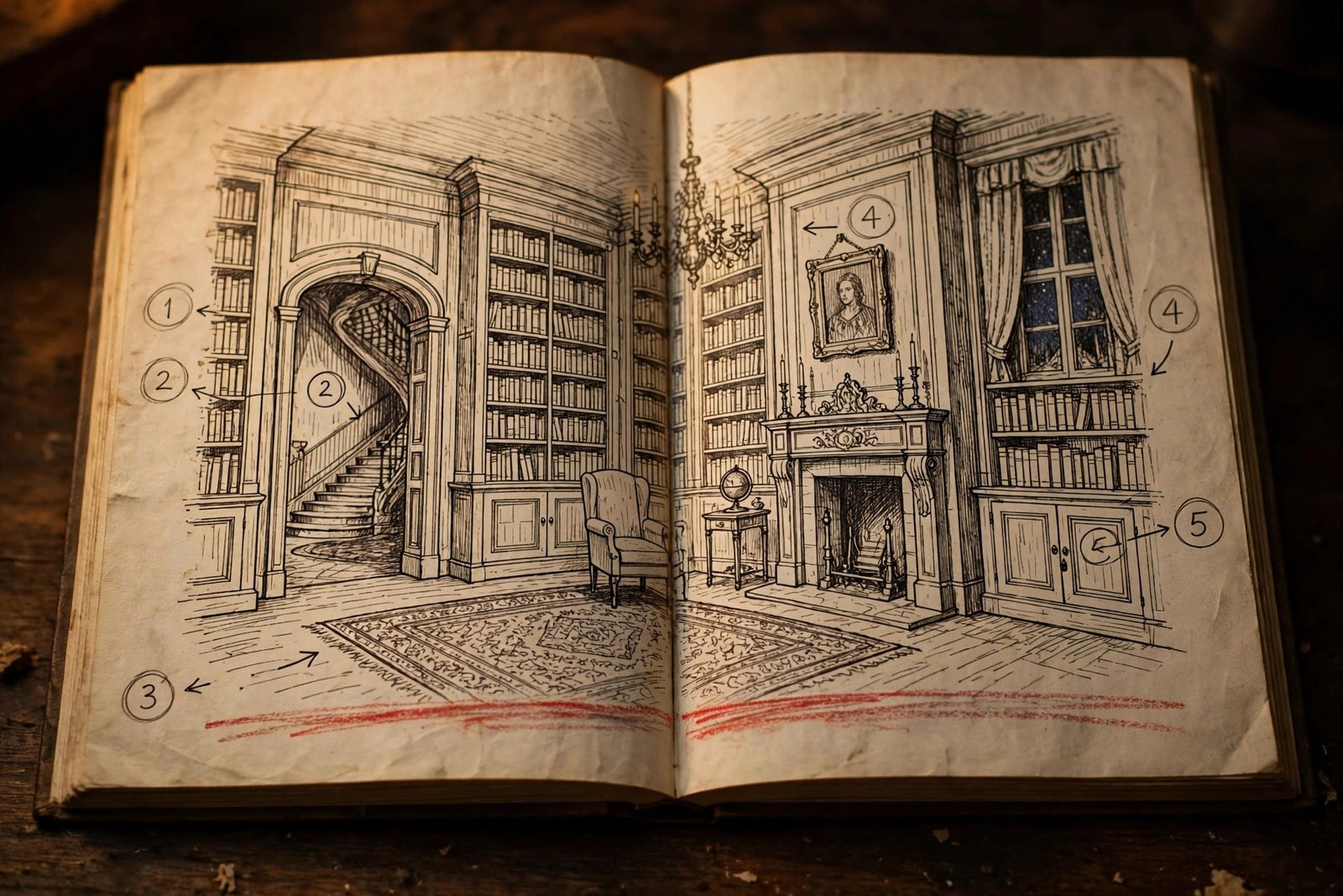 Open whodunit puzzle book showing an illustrated mystery scene with handwritten clue notes