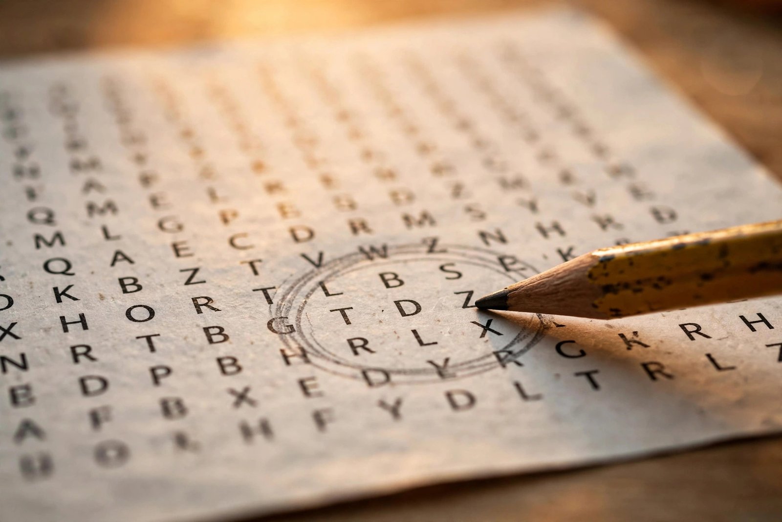 Close-up of a murder mystery word search grid with a pencil circling hidden clue words