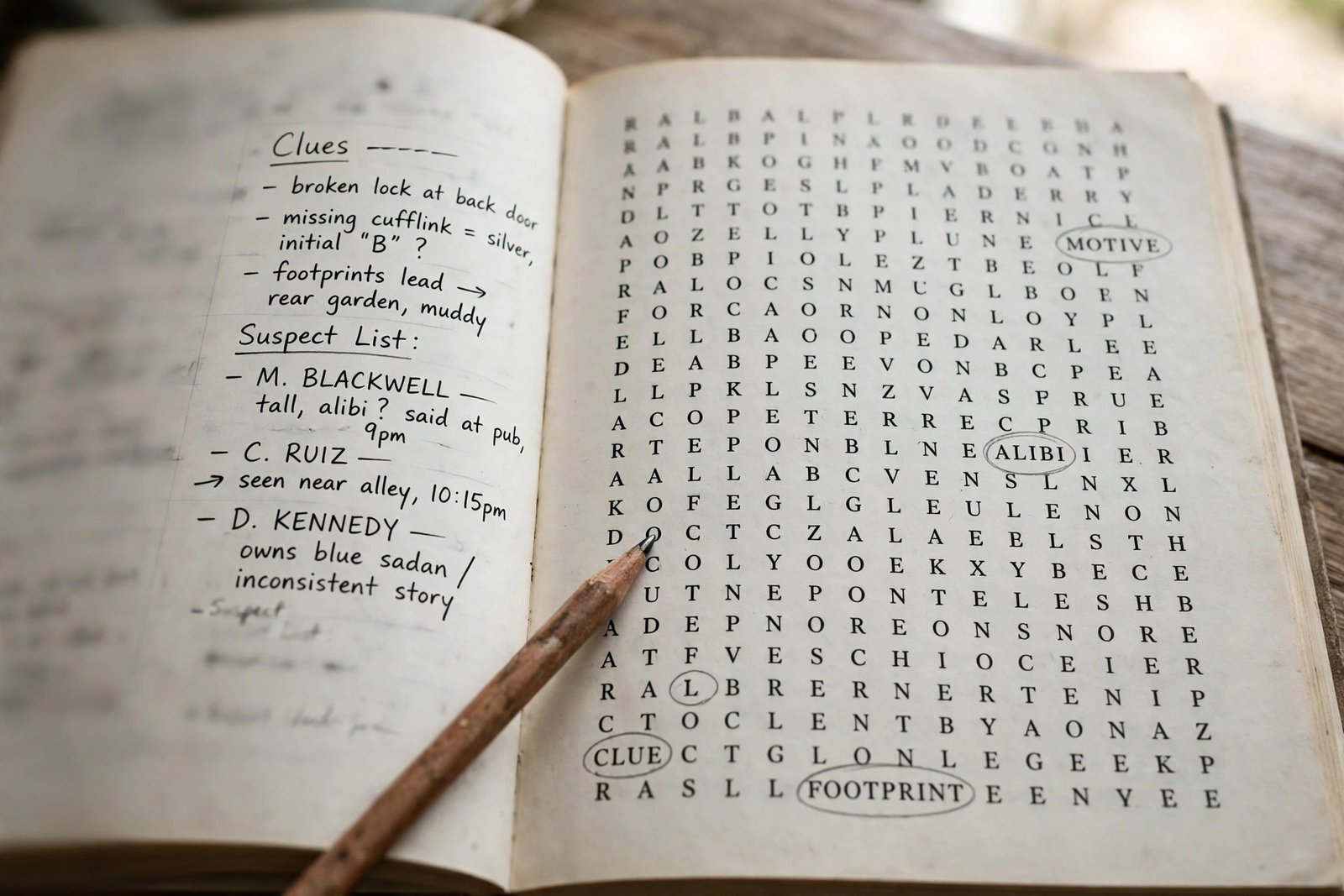 Close-up of a detective word search puzzle page with clues beside the grid