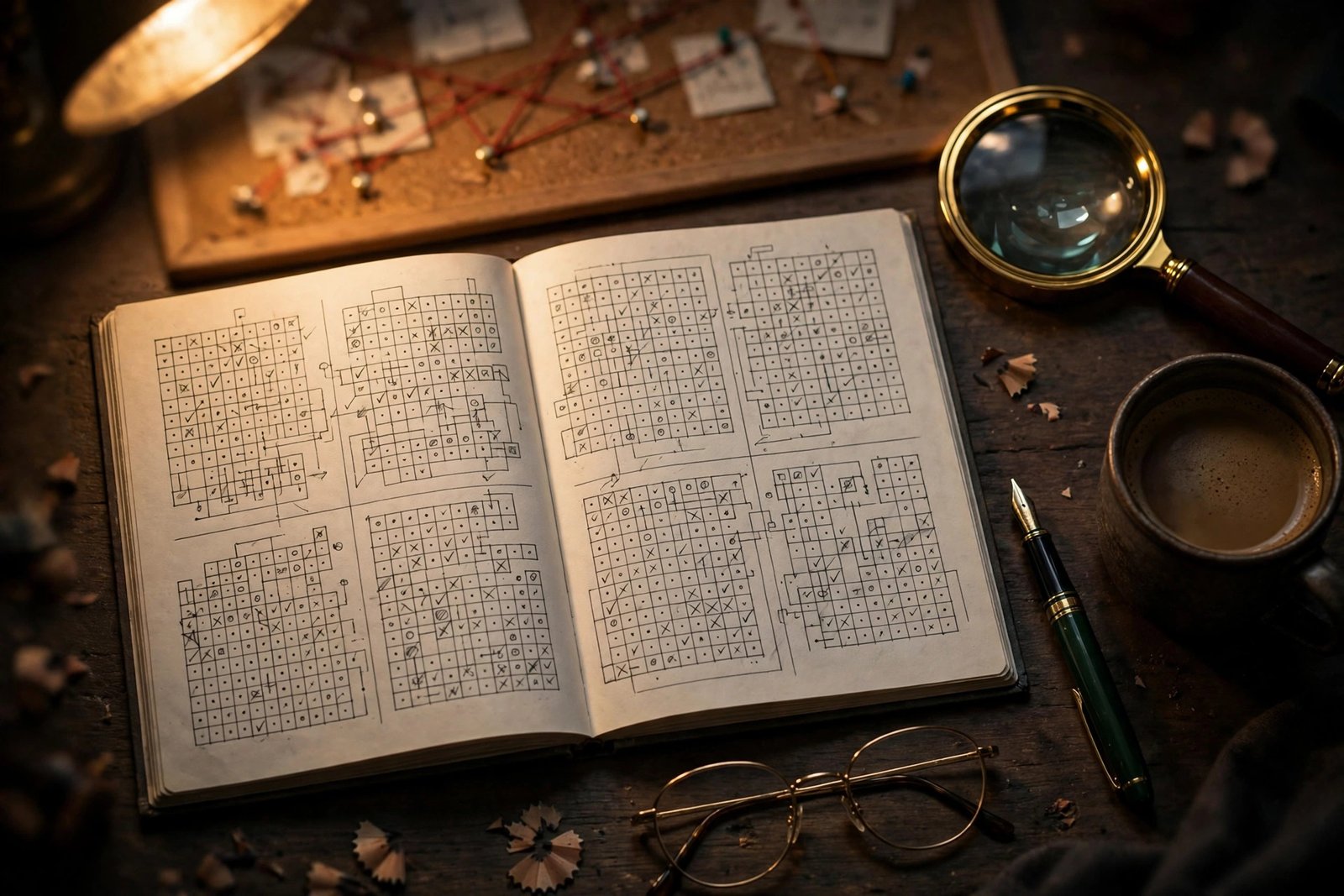 post3-featured-detective-desk Detective desk with murder mystery puzzle books, magnifying glass, and logic grid notes