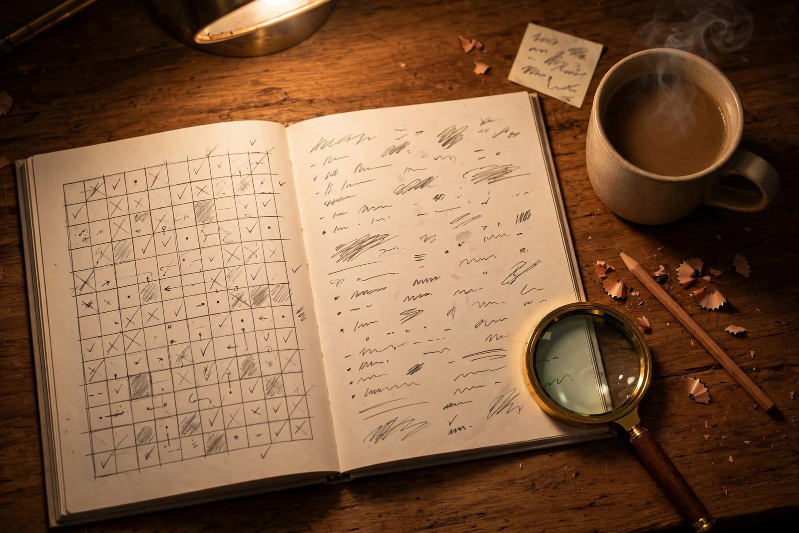 Detective desk with open puzzle book, logic grid notes, magnifying glass