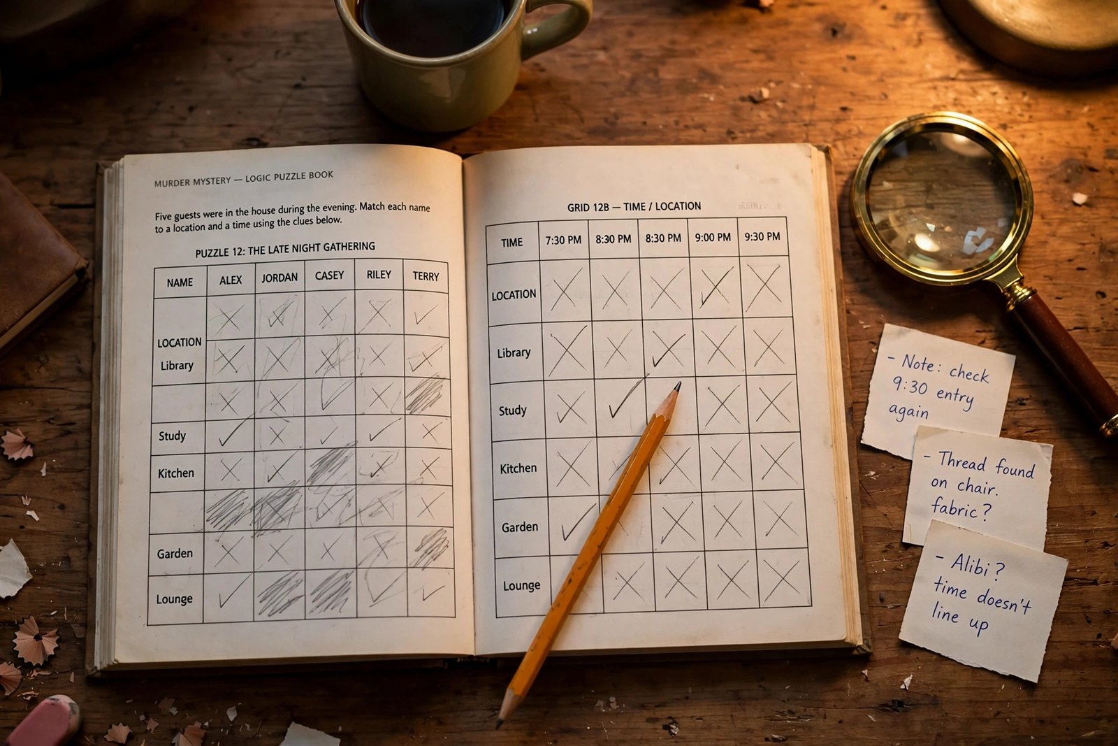Detective desk with an open murder mystery puzzle book, pencil, hint notes, and a magnifying glass