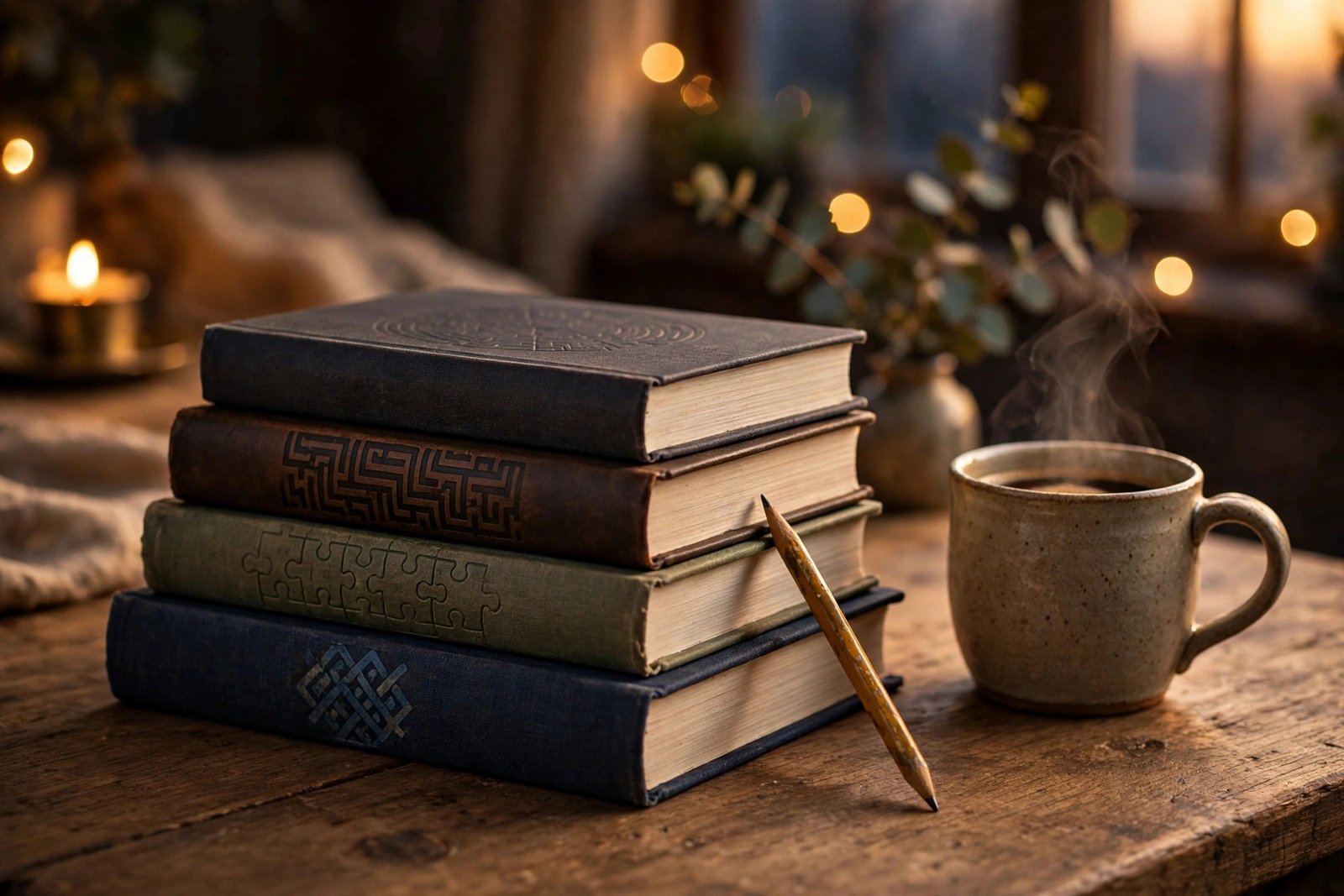 Stack of mystery puzzle books with a pencil and coffee on a wooden table