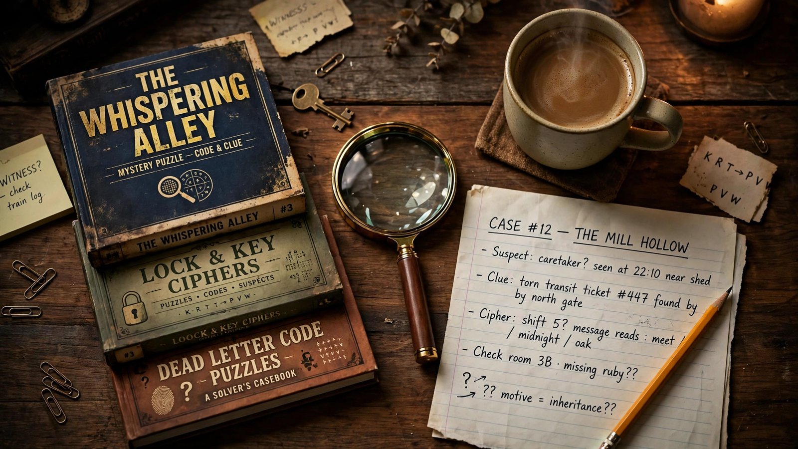 Cozy reading nook flat lay with murder mystery puzzle books, magnifying glass, and coffee