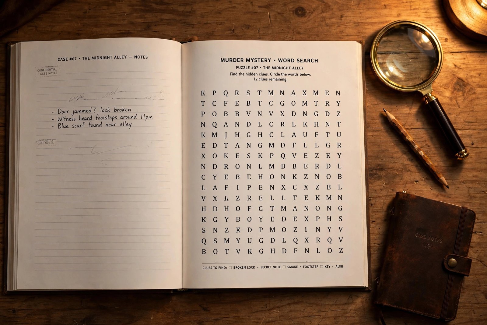 Open murder mystery word search puzzle book with letter grid, case notes, magnifying glass, and pencil on a wooden desk
