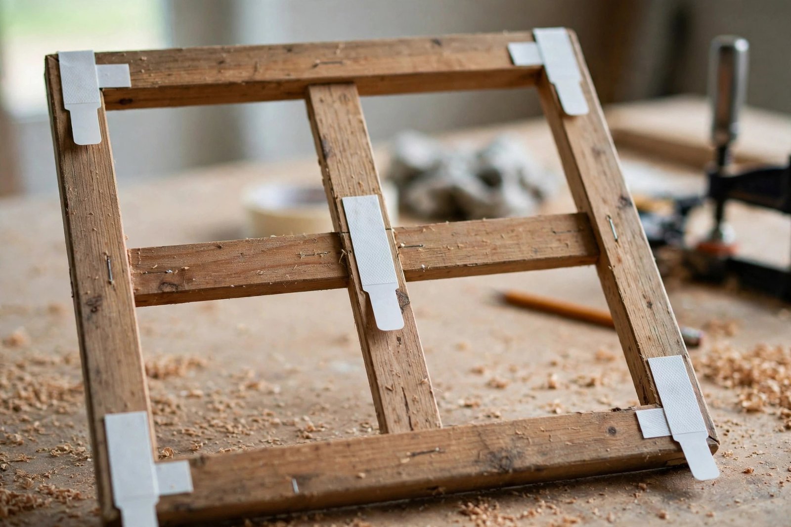 Close-up of adhesive hanging strips attached to the back of a canvas frame