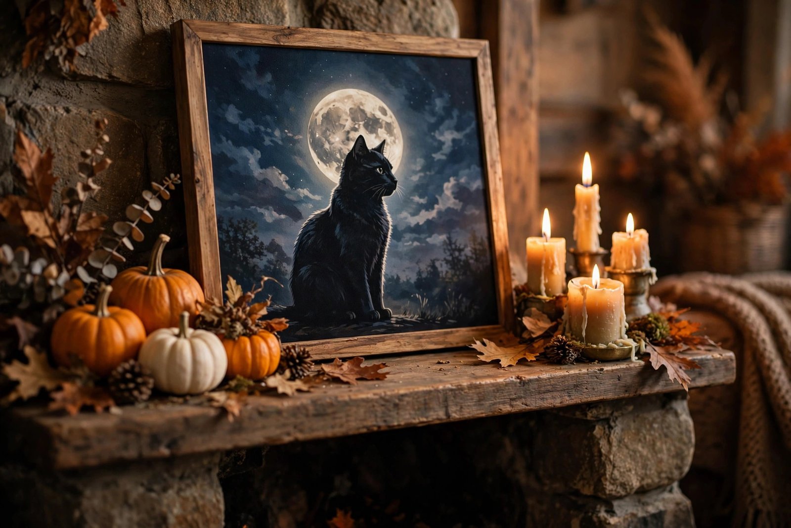 Black cat and full moon canvas print styled on a fireplace mantel with candles
