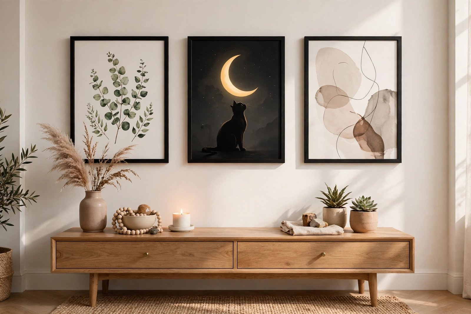 Gallery wall with black cat moon canvas as the centerpiece in black frames