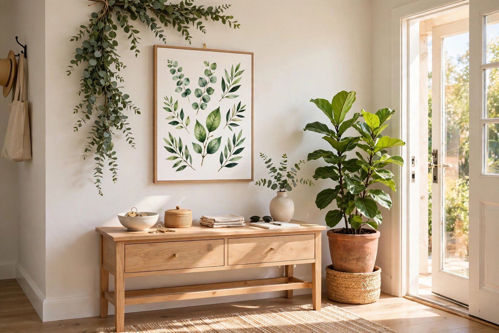 Botanical canvas art hanging in a bright entryway beside a potted plant and console table